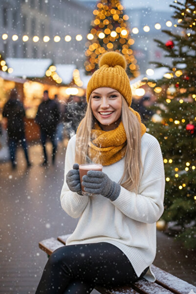 Ritagarcia Kadın Hardal Triko Ponponlu Bere Ve Örgü Boyunluk Set
