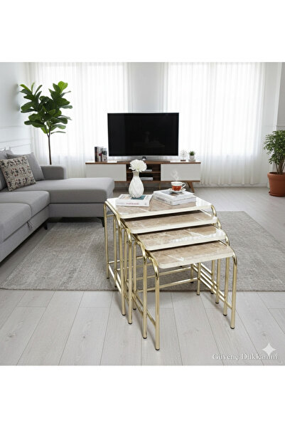 GÜVENÇ 4'lü Zigon Sehpa Sarı Nikelaj Kaplama Metal Ayaklı Alaca Kahverengi Mermer Desen