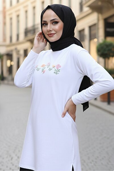 Bestenur Çiçek Desen Tesettür Tunik 1425 - Beyaz