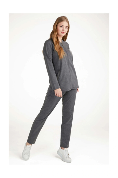 Sementa بدلة رياضية نسائية مقاس كبير بسحاب ومزينة بالحجر - أنثراسيت