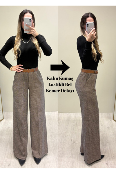 ADELLA BUTİK Kadın Kemerli Lastikli Şık Kışlık Palazzo Kumaş Pantolon