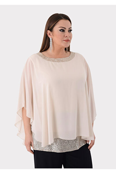 LİLAS XXL Büyük Beden Bej Renkli Şifon Abiye Bluz