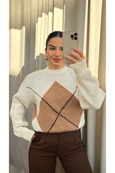 Butik Cream Brown Baklava Patterned Sweater