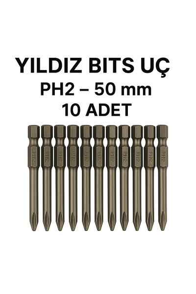 MertTools Yıldız Bits Uç PH2 50 mm – Vidalama Bits Ucu S2 Çelik 10 Adet