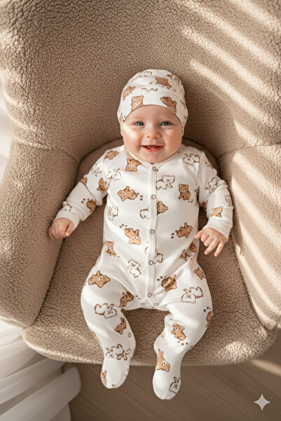 Miniday Baby Baby Printed Jumpsuit with Hat Teddy Bear Printed