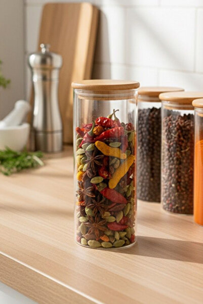 PERİNUVİA Baharat ve Kuruyemiş Kavanozu Bambu Kapaklı, Sızdırmaz, Şık Tasarım 15.5 x 6.5 ölçü 2 Adet