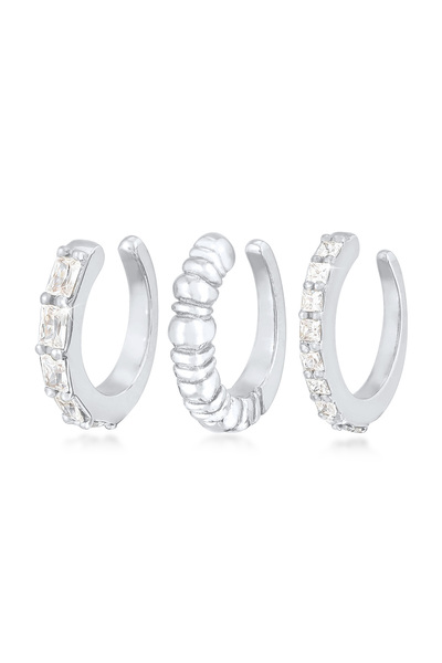 ELLI Ohrringe Damen Ohrklemme 3er-Set Geriffelte Struktur mit Zirkonia-Kristallen aus 925er Sterlingsilber