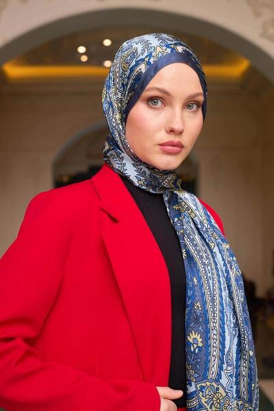 İpekhan Çelik Mavi Hint Vual Şal - 5009-25