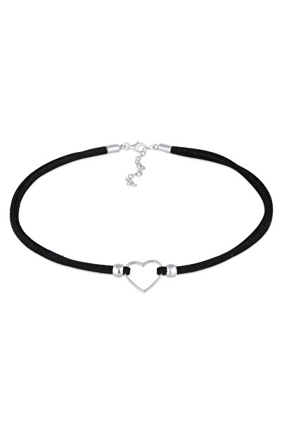 ELLI Colier de damă cu inimă și dragoste, cu velur negru, din argint 925