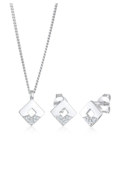 ELLI Schmuckset Damen Quadratischer Anhänger Geo Set Ohrstecker mit Diamanten (0,045 ct.) in 925er Sterlingsilber