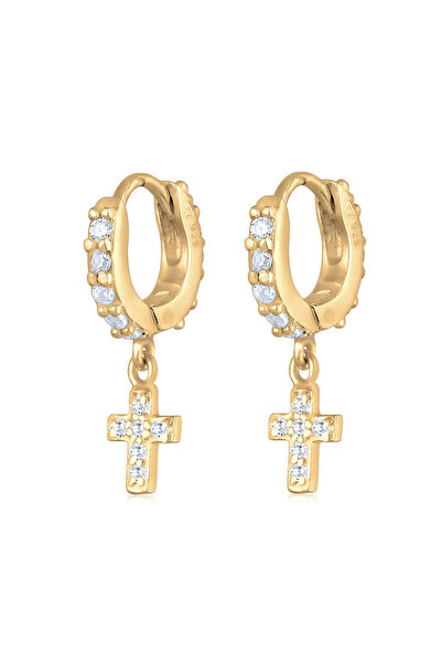 ELLI Ohrringe Damen Creolen Huggie Hoops Kreuzanhänger Trend mit Zirkonia-Kristallen in 925er Sterlingsilber