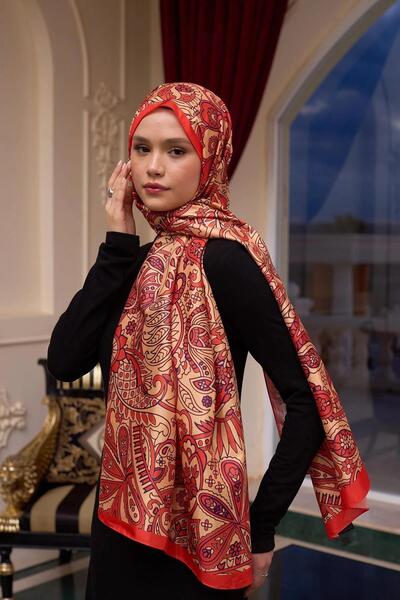 İpekhan Şal din voal cu model portocaliu auriu - 9803-01