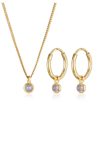 ELLI Schmuckset Damen Solitär-Anhänger-Set Creolen mit Labradorit in 925er Sterlingsilber vergoldet