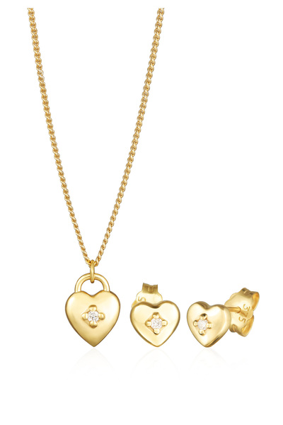 ELLI Schmuckset Damen Herzanhänger Liebesset Ohrstecker mit Diamant (0,015 ct.) in 375 Gelbgold