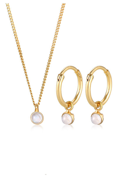 ELLI Schmuckset Damen Solitär-Anhänger-Set Creolen mit Mondstein aus 925er St...