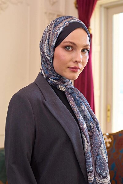 İpekhan Şal de mătase Voile cu model negru albastru - 9804-17