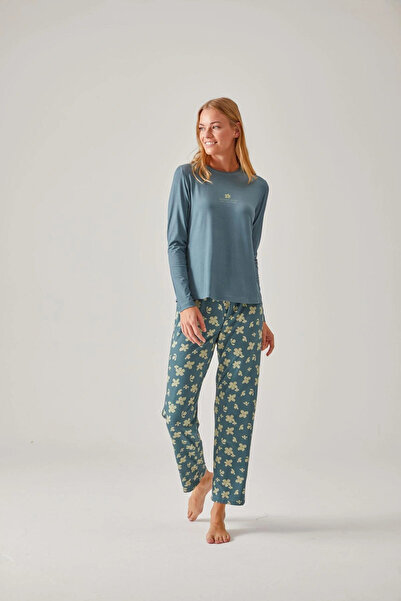 Pamuk & Pamuk Koy Yeşil Çiçek Baskılı Bisiklet Yaka Viskon Kadın Pijama Takımı