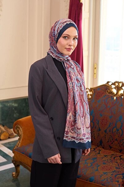 İpekhan Şal din voal de mătase cu model somon bleumarin - 9804-11