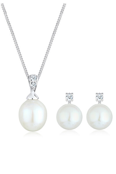 ELLI Schmuckset Süßwasser-Zuchtperlen Diamant 925er Sterlingsilber