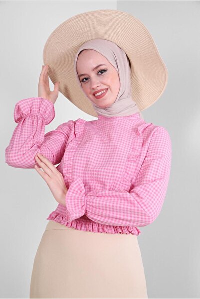 Alvina بلوزة بتفاصيل GIPE منقوشة بنقشة مربعات 43569