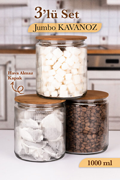 naturelove 3'lü Etiketli Cam Kavanoz Seti – Bambu Vakum Kapaklı Çizgili Erzak...