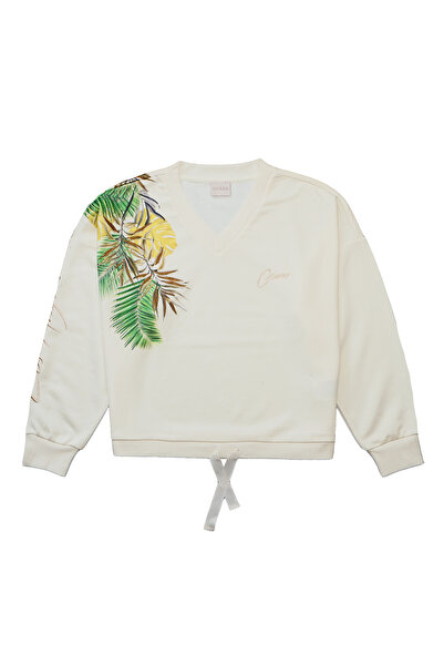 Guess Pullover Bedruckter Sweater PALM mit V-Ausschnitt und Tunnelzug am Bund...