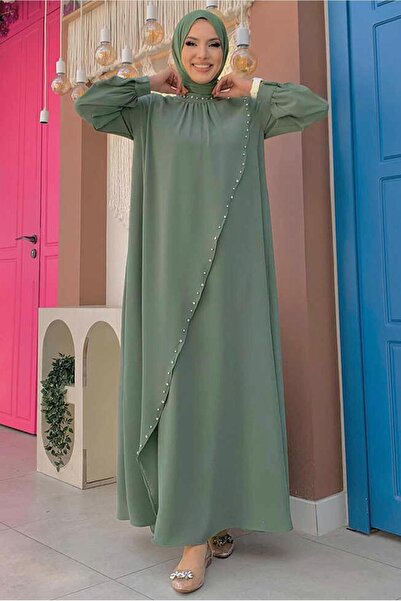 TRENDTESETTÜR KADIN YEŞİL (MİNT) TAŞ DETAYLI ABİYE ELBİSE T 9783