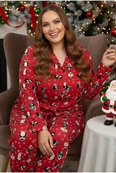 Siyah İnci kırmızı penguen yılbaşı temalı Büyük Beden Battal boy Düğmeli Örme Pamuklu Pijama Takımı7617