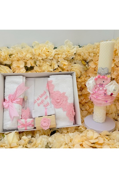 kizu Trusou botez fetițe cu dantelă roz și lumânare fagure ceară naturală