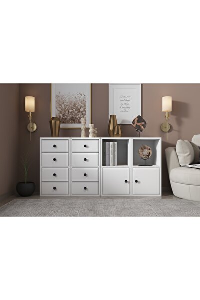 Nettrends Raflı Dolaplı Çekmeceli Şifonyer Beyaz 130 cm Şfn-1029-ç