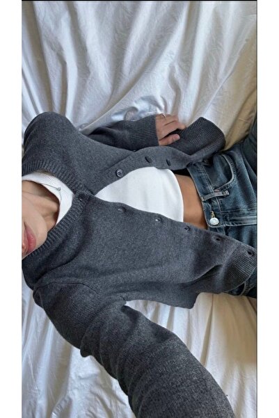 NATUFIAN STORE Basic Düğmeli Antrasit Kadın Triko Hırka