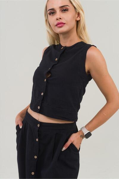 Bold & Young Women's Black Color Buttoned Ribbed Sleeveless Cotton Vest