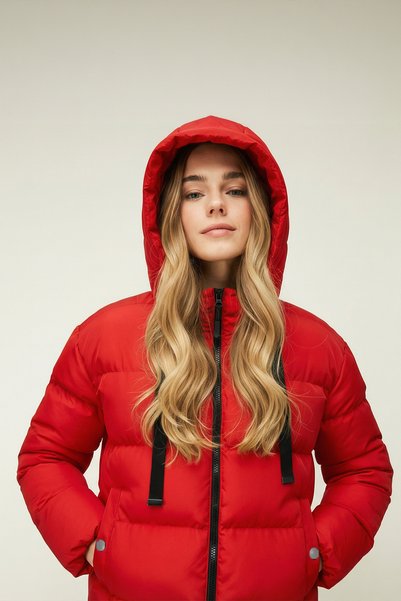 QAWWA Women's Red Hooded Fiber Windproof Puffer Winter Jacket