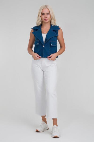 Bold & Young Жіночий темно-синій кольоровий джинсовий жилет з кишенями та еластичною талією