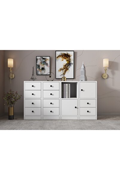 Nettrends Raflı Dolaplı Çekmeceli Şifonyer Beyaz 130 Cm Şfn-1016-ç