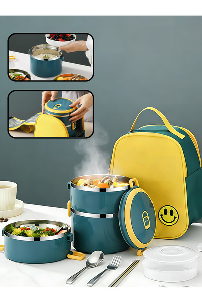 Generic صندوق غداء لاكي تريبل معزول من الفولاذ المقاوم للصدأ بسعة كبيرة مع أدوات مائدة وحقيبة