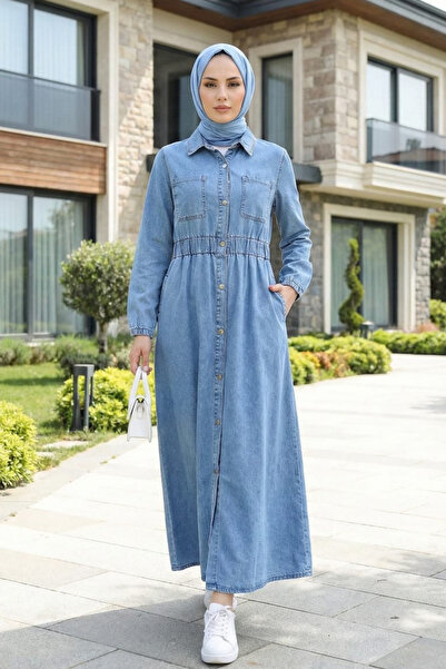 Hb Harma Time Butik فستان نسائي من الدنيم الأزرق الداكن مع خصر مطاطي وتفاصيل ...