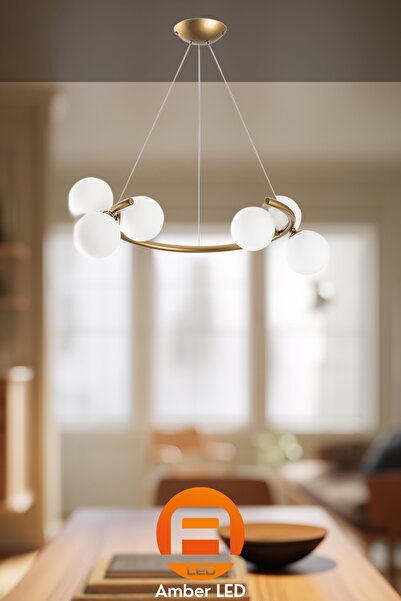 AmberLED Parlak Gold 6'lı Camlı Avize Modern Oturma Odası E27 Uyumlu
