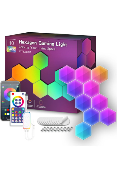 Vittalist Kit LED inteligent RGBIC cu 10 panouri WiFi Bluetooth compatibil cu iOS, Android, Alexa, Google, Tuya