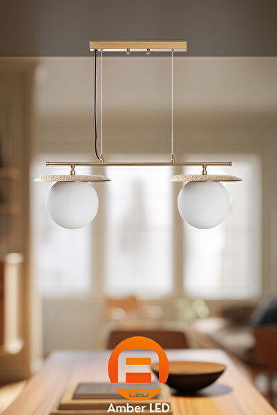 AmberLED Parlak Gold Camlı 2'li Sarkıt Avize Mutfak ve Salon İçin E27 Uyumlu