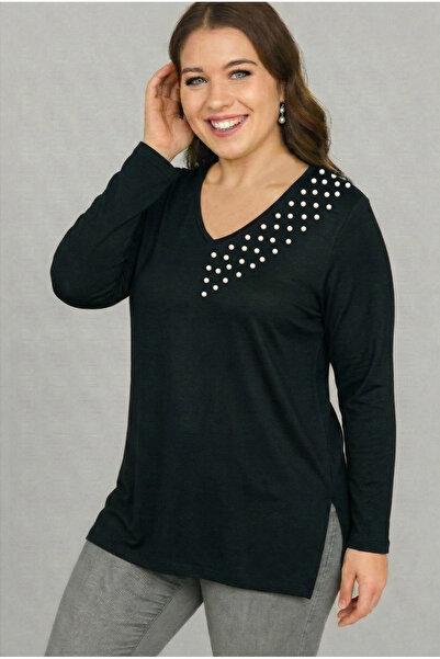 Curvy Trend Plus Size Asymmetric Neckline and Shoulder Pearl Embroidered V-Neck Long Sleeve Side Yı Slit Luz Black