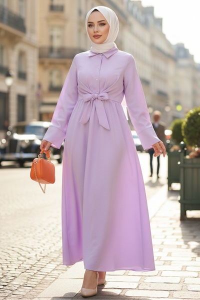 Bestenur Renda Belden Bağlamalı Elbise 1467 - Lila