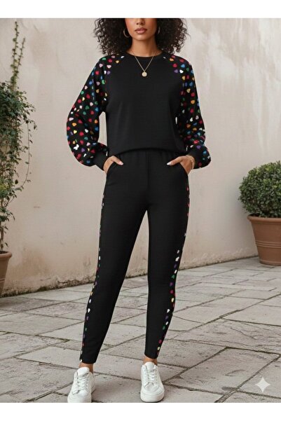 Meleners Women's Long Sleeve Crew Neck Patterned Viscose Two Thread Blouse and Pants Two-Piece Set