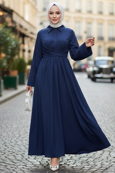 Bestenur Renda Belden Bağlamalı Elbise 1467 - Lacivert