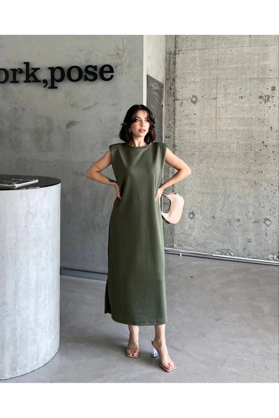 Zerenyus Φόρεμα Maxi Khaki με μαλακό ύφασμα με βολάν με λαιμόκοψη V