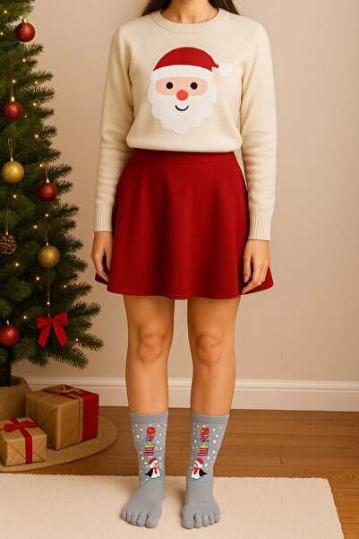 BY BNN Bambu 3'lü Paket Parmaklı Yılbaşı Çorabı (Kırmızı,Siyah,Gri renkler gönderilir)