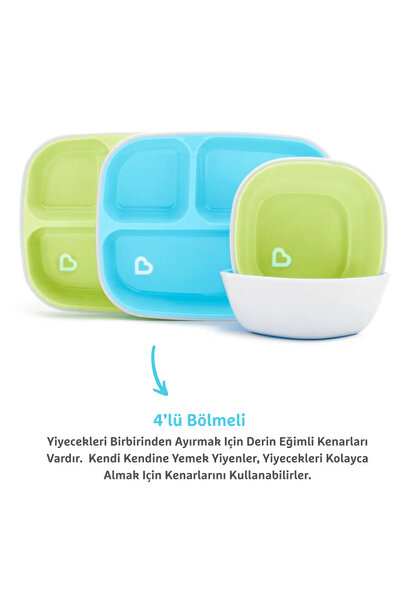 Munchkin ® Splash™ 4'lü Bölmeli Tabak ve 2li Kase Seti 6AY+ Mavi/yeşil