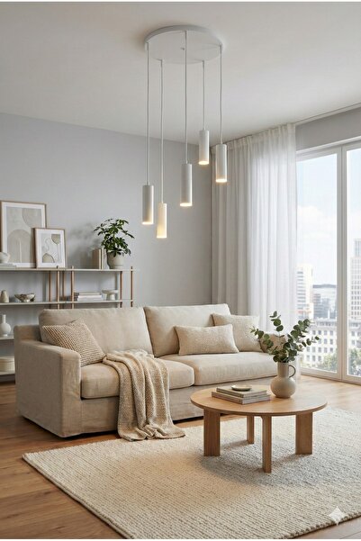avizade Zenya 5'li Beyaz Modern Silindir Spot Sarkıt Avize - İskandinav Tarz Salon Mutfak Aydınlatma