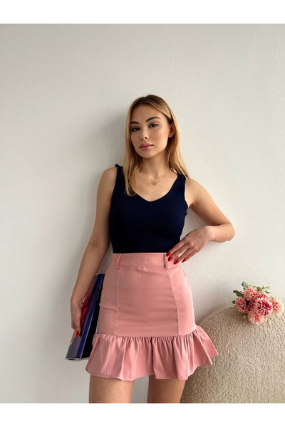 Zerenyus Altı Fırfırlı Mini Etek Pudra