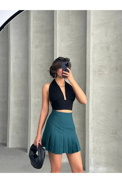 Zerenyus Pileli Düğmeli Etek Petrol Yeşili